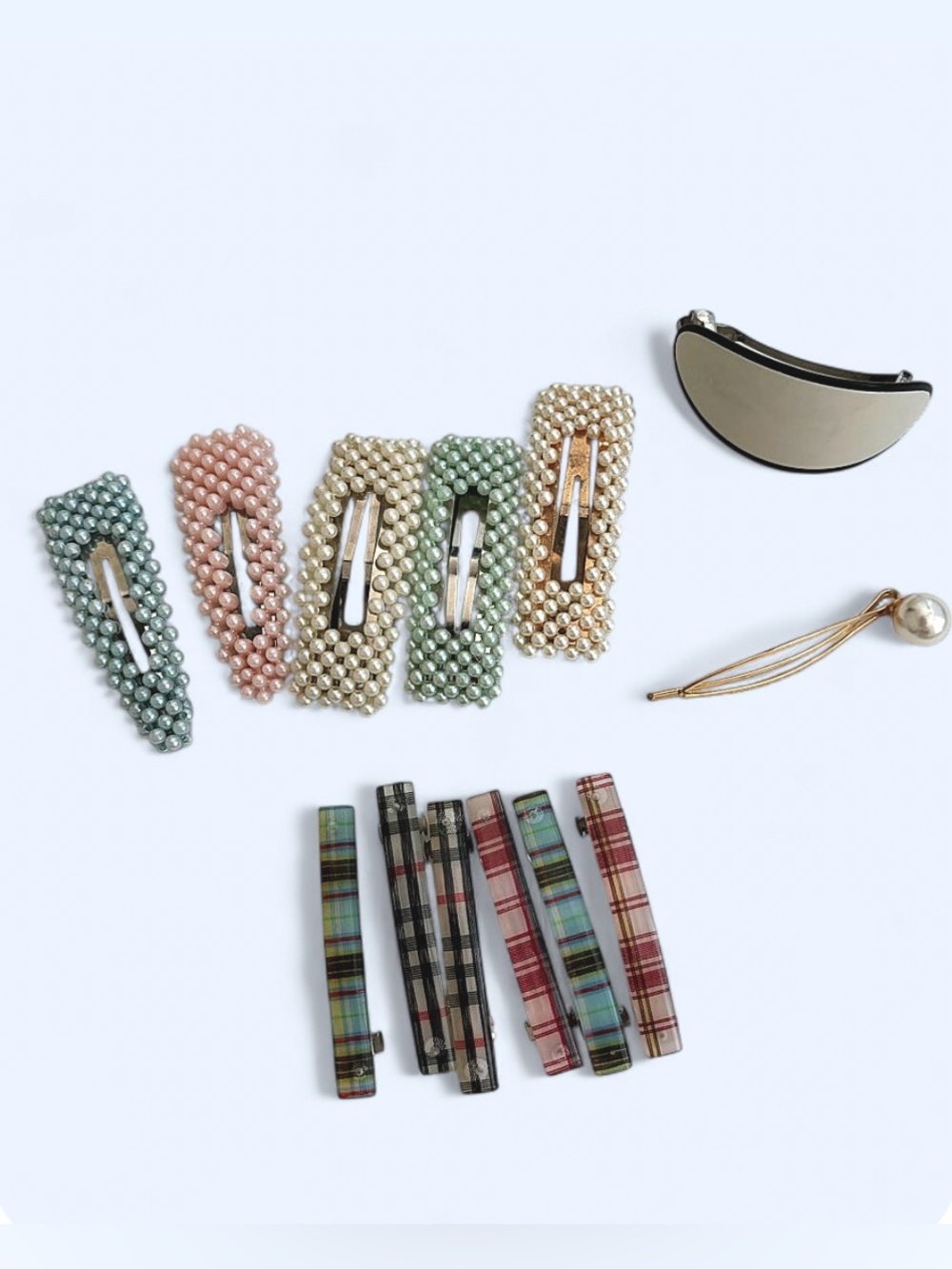 13 Assorted Pastel Pearl & Plaid Hair Clip Set - Women Accessories Bundle